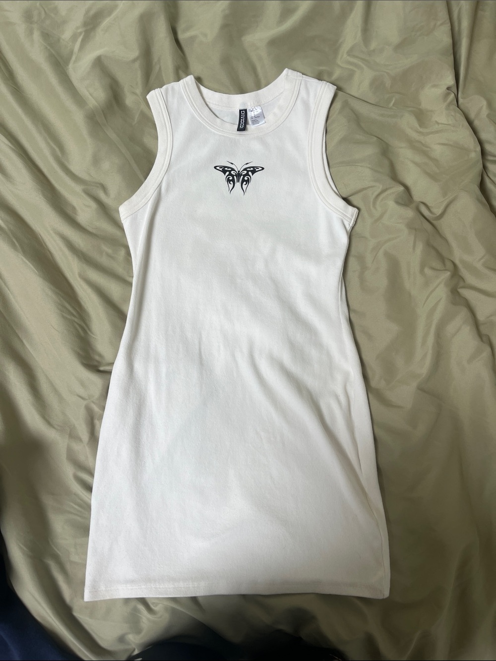 Divided White Ribbed Tank Mini Dress with Black Butterfly